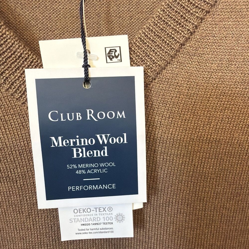 NWT Club Room Men's Solid V Neck Merino Wool Blend Fawn Sweater XL Preppy $75 - Picture 12 of 16